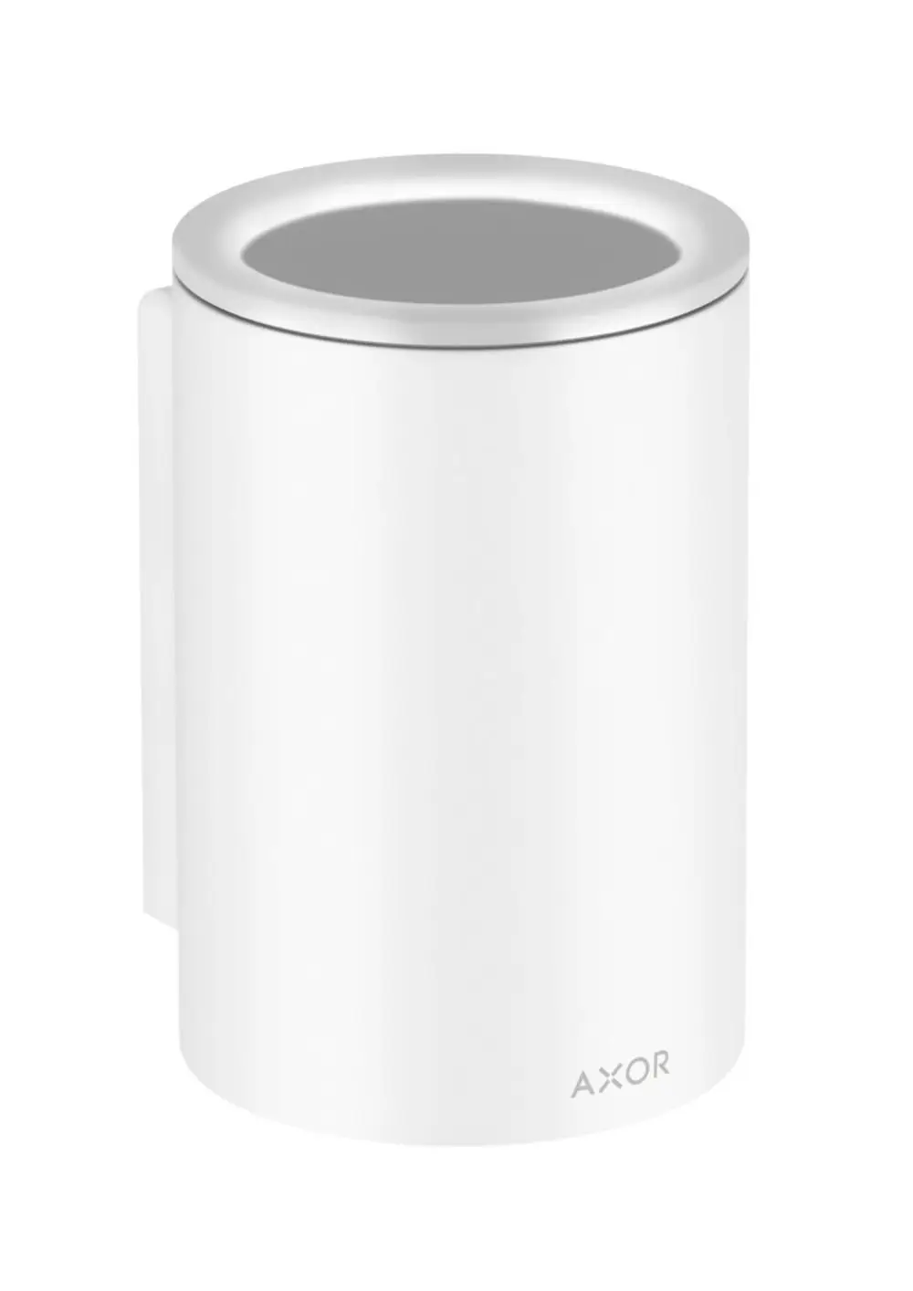 Weißer Zahnputzbecher von AXOR mit kreisförmigem Design, montiert an einer Wand. Der Becher hat einen runden Rand und eine glatte Oberfläche.